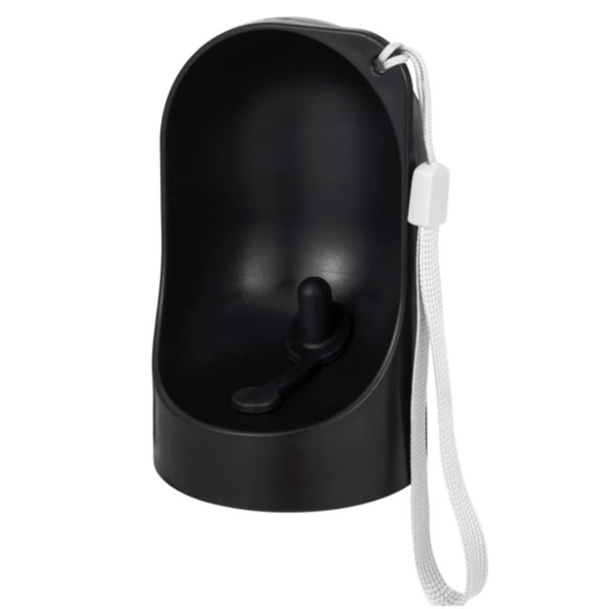 A drink bottle holder in black with a loop and strap for easy attachment. Features a smooth, curved design.