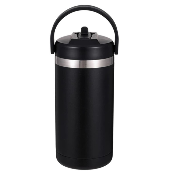 A drink bottle in black with a silver band and a carry handle, featuring a secure lid and no visible branding.