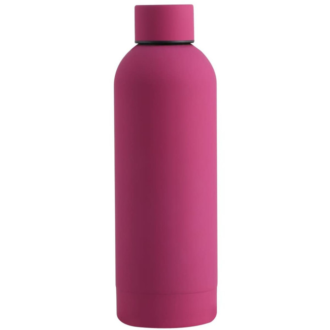 A drink bottle in vibrant pink with a sleek design and a black cap. It features a logo on the surface.