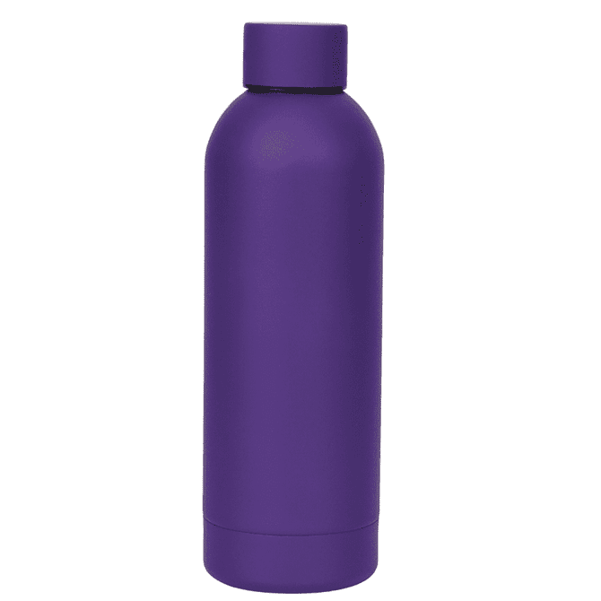 A drink bottle in vibrant purple, featuring a sleek design and a cap. It has a logo on the side.