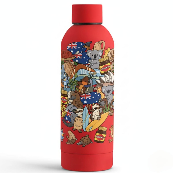 A drink bottle in vibrant red featuring various Australian animals and icons, with a logo on the side.