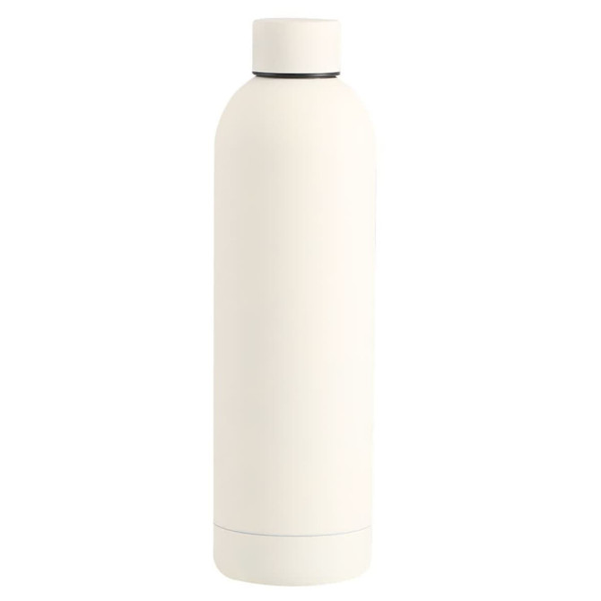 A drink bottle in a sleek, matte white finish with a black accent and a logo.