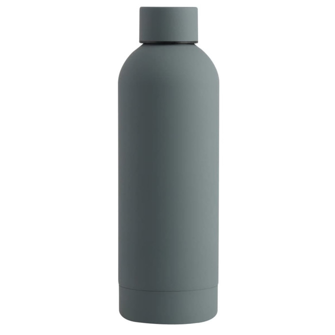 A drink bottle in a matte grey finish, featuring a simple design and a modestly shaped body with a lid.