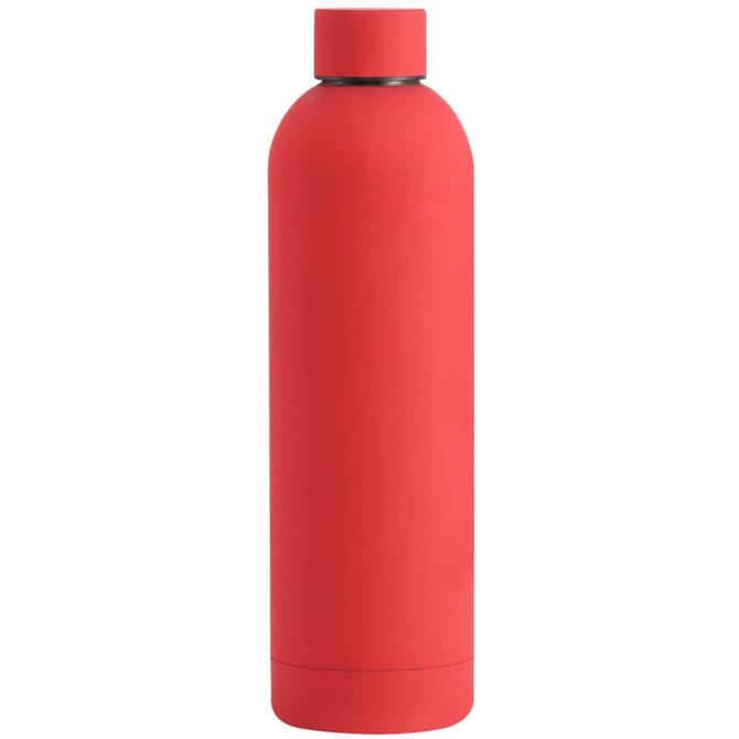 A drink bottle in vibrant red with a sleek, smooth finish and a logo on the side.
