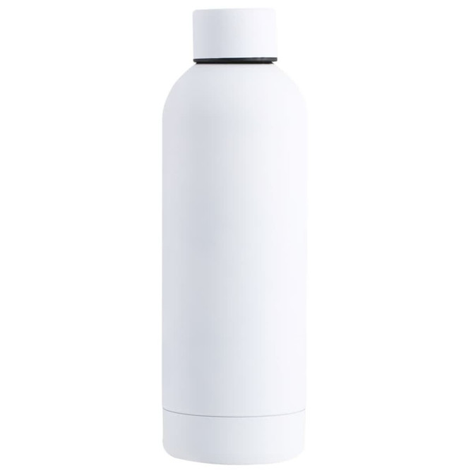 A drink bottle in a sleek white finish with a black accent and a simple design. It features a logo.