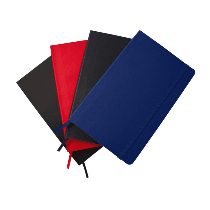 A set of notebooks in red, black, and blue, featuring a logo and an elastic closure.