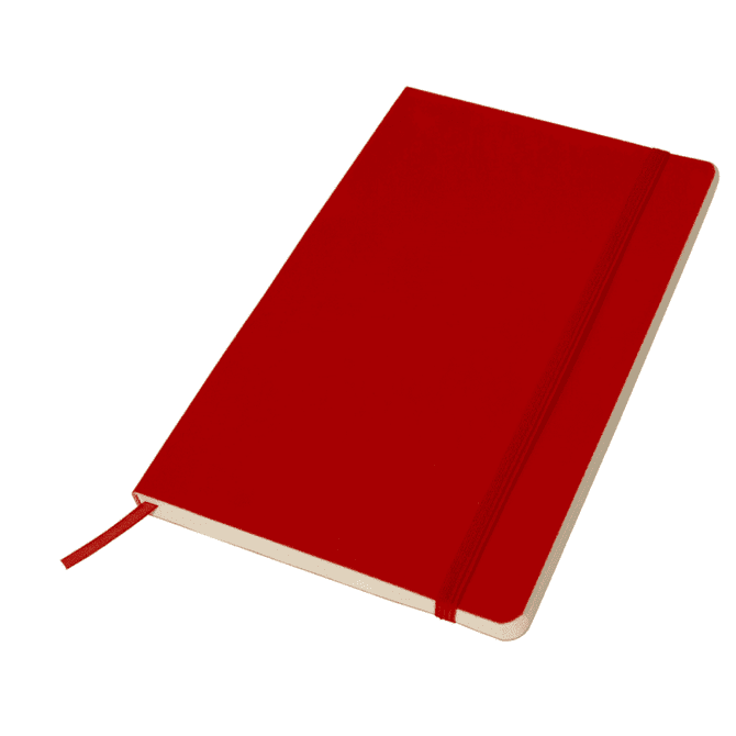 A red notebook with a solid cover, featuring an elastic strap. It has a cream-coloured interior.
