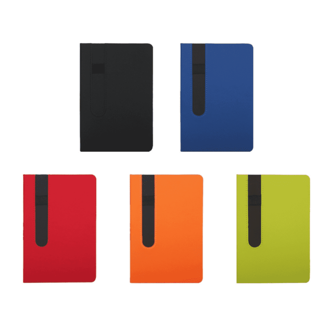 A collection of five notebooks in black, blue, red, orange, and green, each with an elastic band closure.