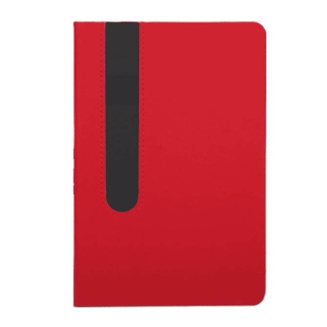 A red notebook with a black elastic band closure. Features a sleek and simple design.