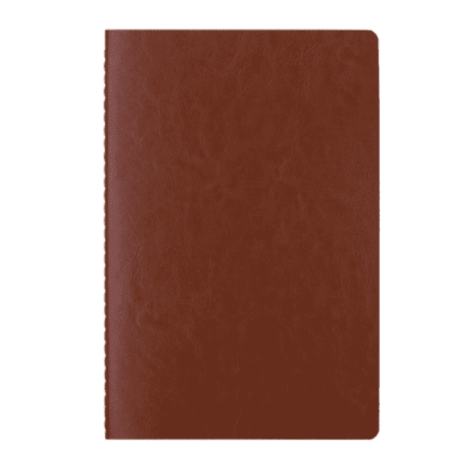 A brown notebook with a textured cover and a spine that features stitching, equipped with a logo.