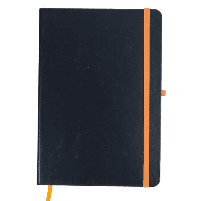A dark blue notebook with an orange elastic band and ribbon marker, featuring a logo on the cover.