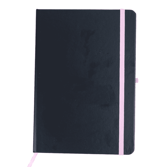A dark blue notebook with a pink elastic band and bookmark, featuring a simple design and smooth cover.