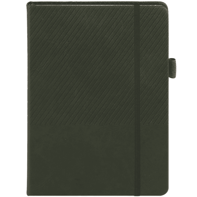 A dark green notebook with a lined design on the front cover and an elastic band closure.