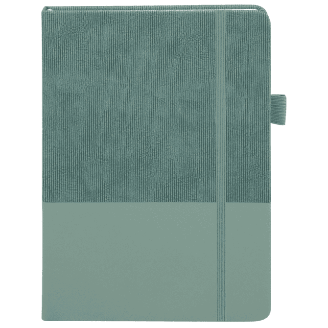 A green notebook with a textured cover and a smooth bottom section. It features a closure and a branded logo.