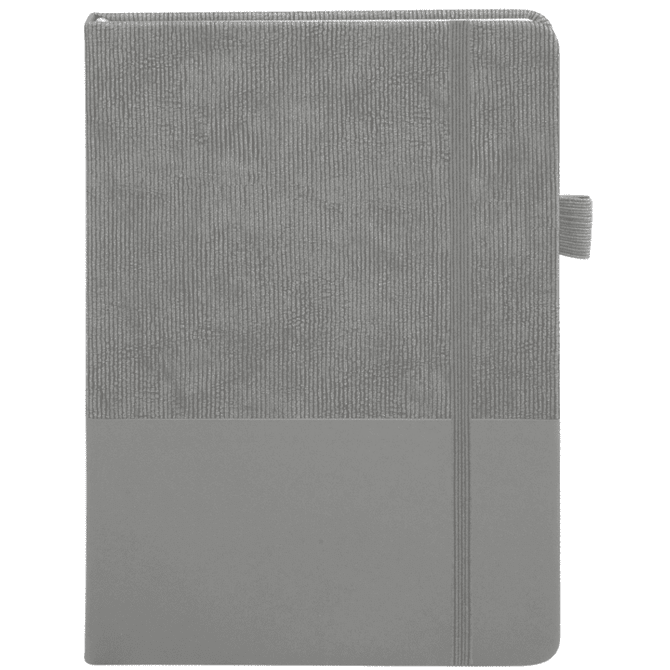 A grey notebook with a textured cover and a smooth lower section, featuring an elastic band closure.