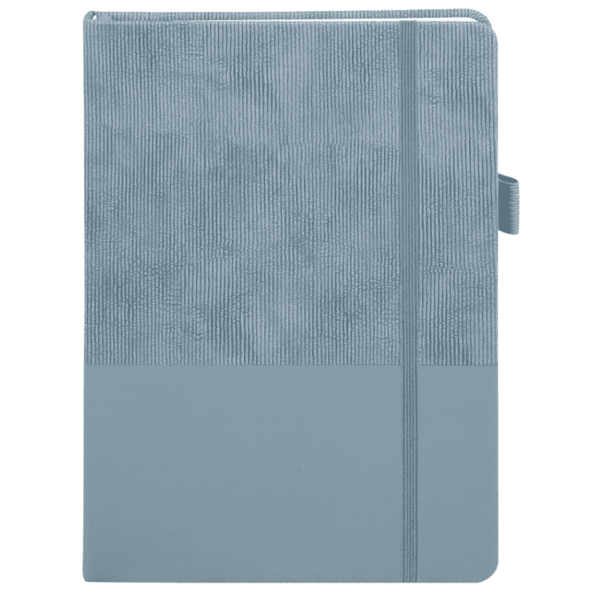 A blue notebook with a textured cover and a smooth bottom section, featuring an elastic closure and a logo.