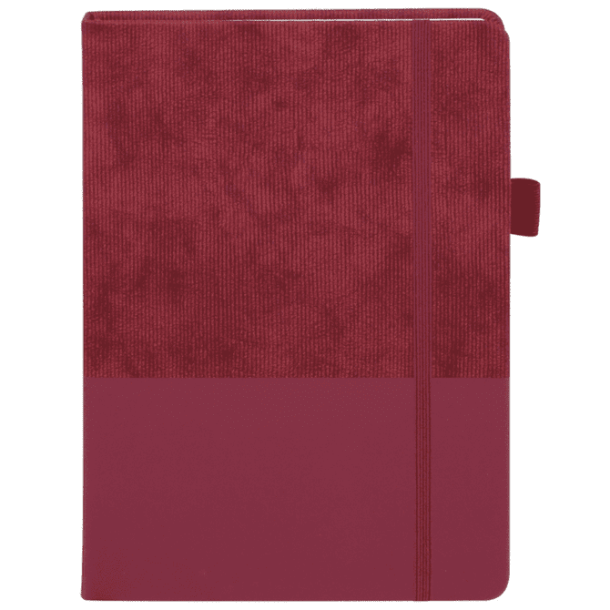 A maroon notebook with a textured cover and a solid-colour lower half, featuring an elastic closure and branding.