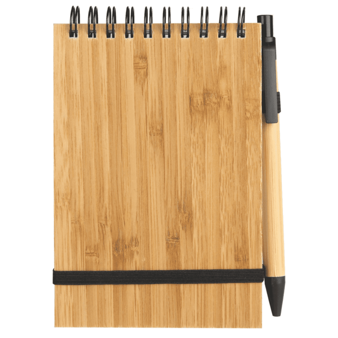 A bamboo notebook with a black band and a pen attached, featuring a spiral binding.