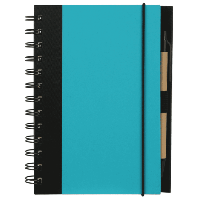 A spiral notebook with a turquoise cover, black spine, attached pen, and an elastic band closure.