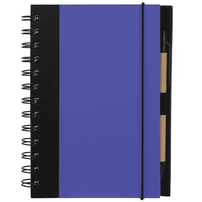 A purple spiral notebook with a black cover and an elastic band, featuring a pen stored in the side.