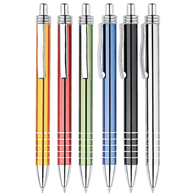 A set of six metal pens in orange, red, green, blue, black, and silver, featuring a metallic finish and clip.