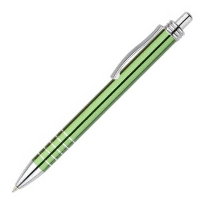 A green metal pen with a chrome clip and accents, featuring a sleek, modern design.