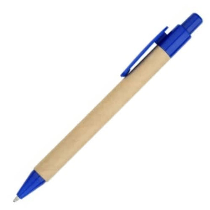 Aquila pen with a brown barrel and blue accents, featuring a clip and a logo.