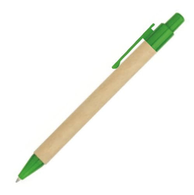 A pen with a natural kraft barrel and a green plastic tip and clip, featuring a logo.