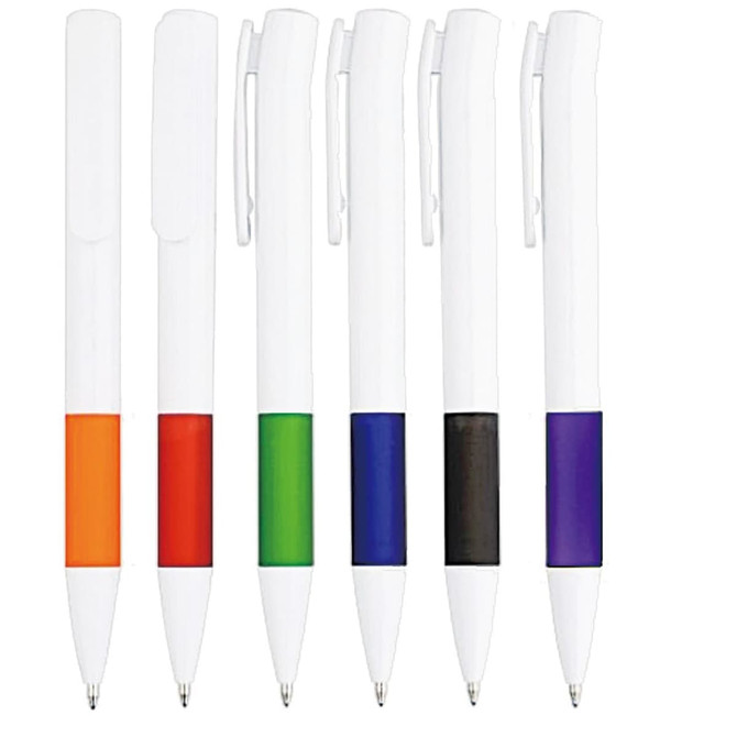 A collection of six plastic pens featuring white barrels with coloured grips in orange, red, green, blue, and black.