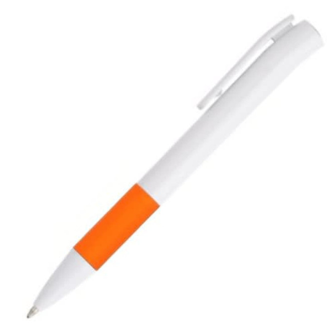 A white plastic pen with an orange grip and a clip. The pen features a logo on its body.