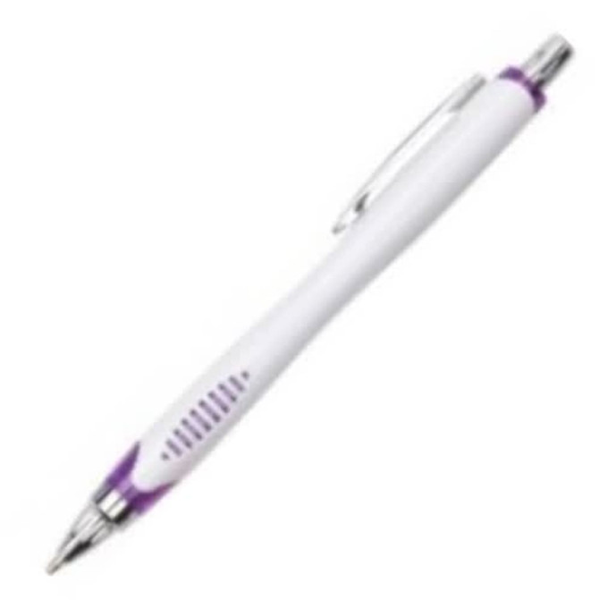 A white plastic pen with a purple accent and a clip, featuring a logo on the body.
