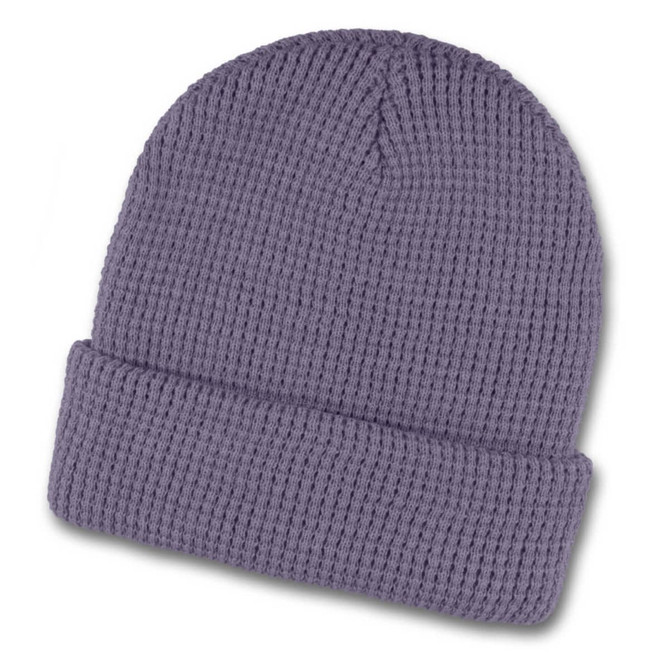 A grey waffle-knit beanie featuring a folded brim and a textured pattern. It has a branding logo.
