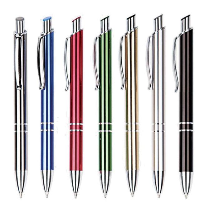 A collection of seven metal pens in blue, red, green, gold, silver, and black, featuring a branding logo on each.