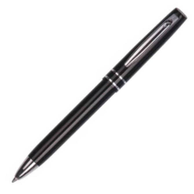 A black stylus plastic pen with a sleek design and a silver clip. It features a logo on the barrel.