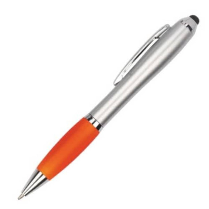 A silver plastic pen with an orange grip and a stylus tip, featuring a clip and branding on the barrel.