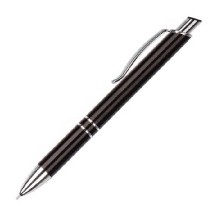 A black and silver pen with a sleek design and a clip for easy attachment. It features a branding logo on the barrel.