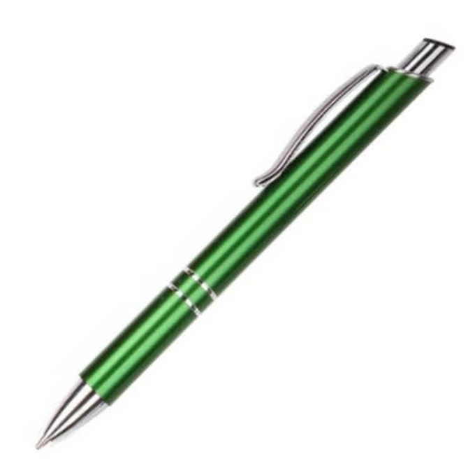 A green metal pen with a silver clip and accents, featuring a sleek, polished design.