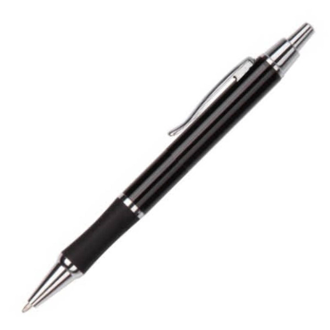 A black metal pen with a shiny silver clip and grip, featuring a logo on the barrel.