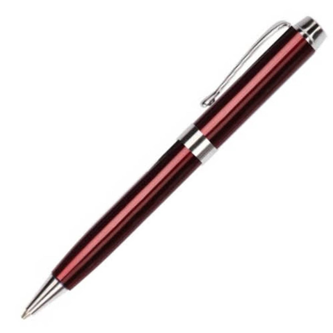 A metal pen with a sleek red and silver design, featuring a clip and a smooth finish.
