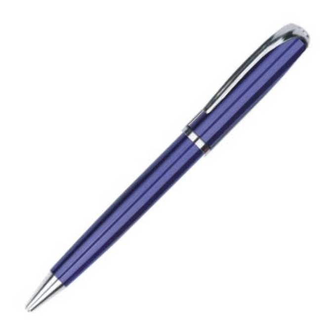 A purple metal pen with a shiny silver trim and a sleek design. It features a logo on the surface.