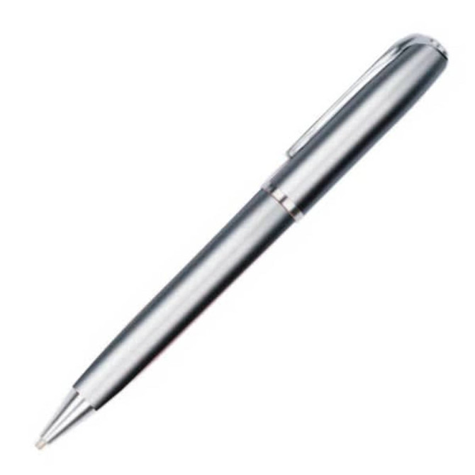 A metal pen in a sleek silver finish with a clip and a smooth tip. It features a logo on its body.