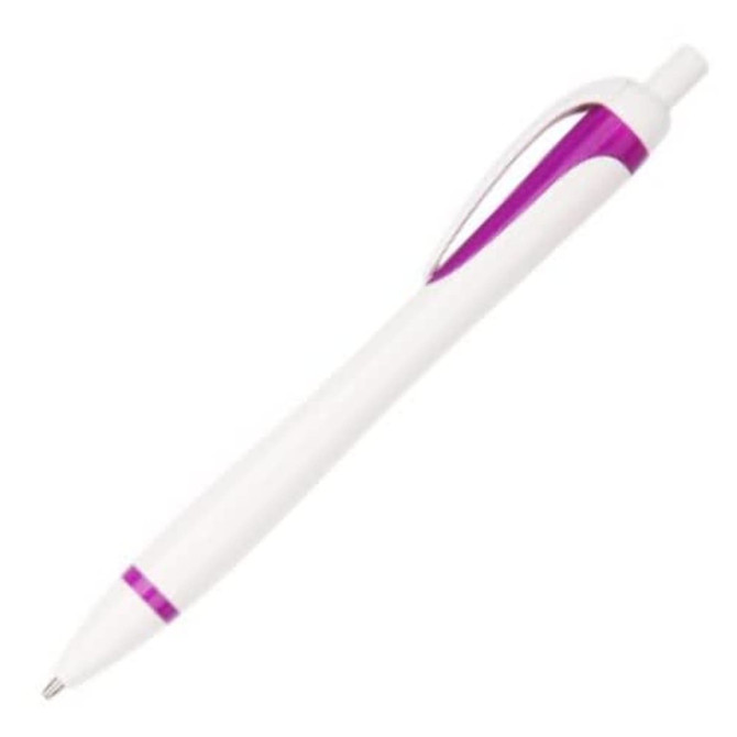 A plastic pen in white with purple accents, featuring a clip and a removable cap.
