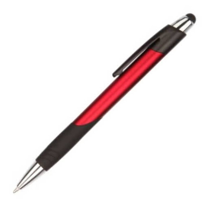 A red and black stylus pen with a shiny chrome tip and grip. It features a logo on its design.