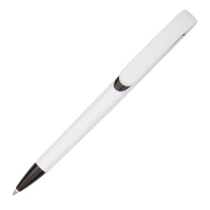A plastic pen in white with a black clip, featuring a logo on the barrel.