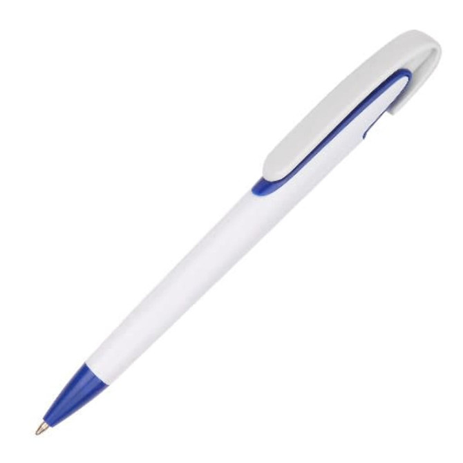 A plastic pen with a white body and blue accents, featuring a clip and a ballpoint tip. It has a logo on it.