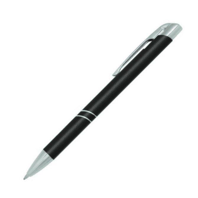 A black metal pen with silver accents and a sleek design, featuring a clip and a logo.