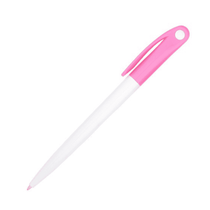 A pink and white plastic pen with a clip and a logo on the body.