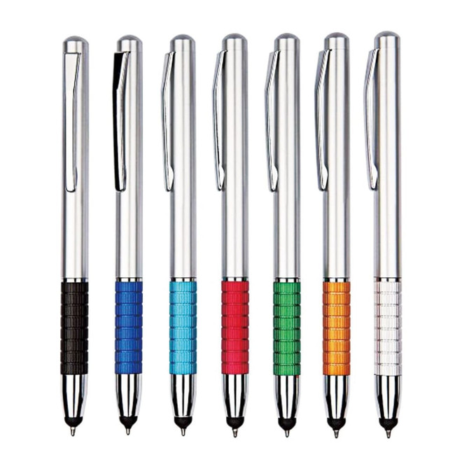 A collection of seven stylus pens in various colours, featuring silver bodies and textured grips. Each pen has a clip and a logo.