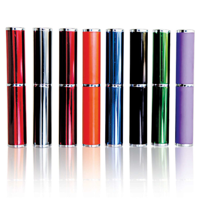 A set of eight cylindrical pen tubes in various colours including red, black, green, purple, and blue, with silver accents.