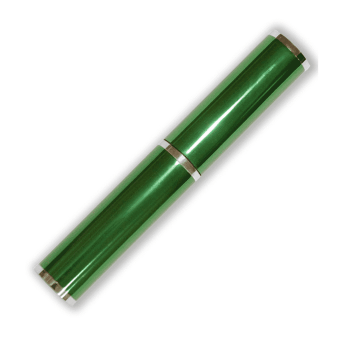 A green pen tube with silver accents, featuring a sleek, cylindrical design and a branding logo.